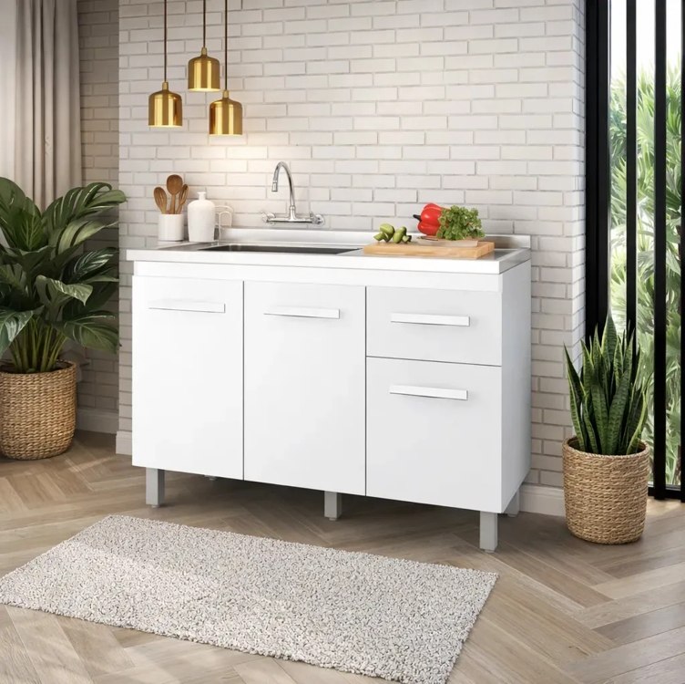 Balcão Moblis Cozinha Pia Anita Cor Branco 3 Portas 1 Gaveta Sem Tampo Compacto Moderno