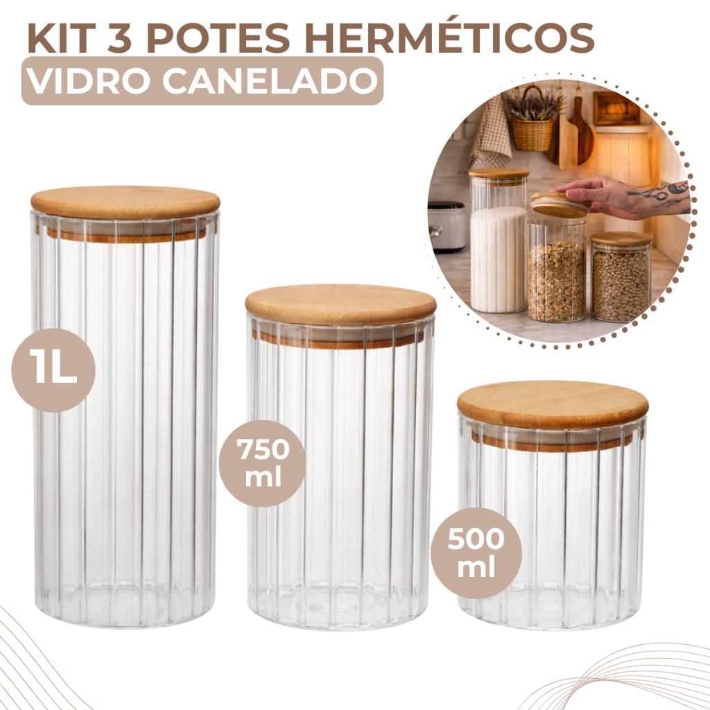 Kit 3 Potes de Vidro Canelado Hermético para Mantimentos com Tampa Bambu